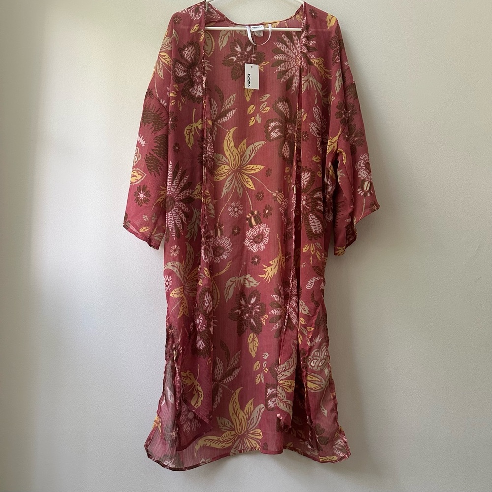 NWT Sonoma Floral Kimono Swimwear Cover-Up Burgundy Pink